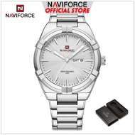 นาฬิกา NAVIFORCE สำหรับผู้ชายนาฬิกาข้อมือควอตซ์ธุรกิจวันและวันที่แบบ NF9218เหล็กสแตนเลสน้ำเงินต้านทานของแท้