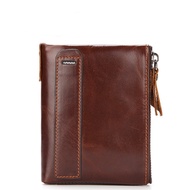 W6022 Men RFID Blocking Wallet Genuine Leather Double Zipper Bifold Wallet -Coin