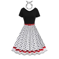 Women's Vintage Hepburn Style Dress Cotton Polka Dot 50s Dress + Headband
