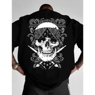 Paisley Skull Print T-Shirt, Men's Crew Neck T-Shirt Drop Shoulder Crew Neck T-Shirt