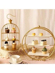 1個歐式三層金色甜點架,桌上展示架,鳥籠設計蛋糕展示架,下午茶甜點層架,適用於生日婚禮派對自助餐,聚會用品,桌面裝飾