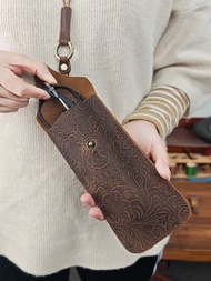 手工頭層牛皮眼鏡收納袋 便攜墨鏡收納包 真皮掛脖眼鏡袋