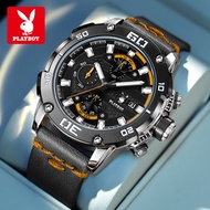 PLAYBOY นาฬิกาข้อมือผู้ชาย กันน้ำ 2025 ปฏิทินแฟชั่นใหม่ นาฬิกาควอตซ์ สายหนังเรืองแสง 3520 Playboy รุ