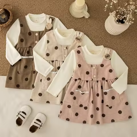 Autumn New Baby Girl Dress Cute Polka Dot Well Long Sleeve Imitation 2 Pieces Dress for Girls Daily 