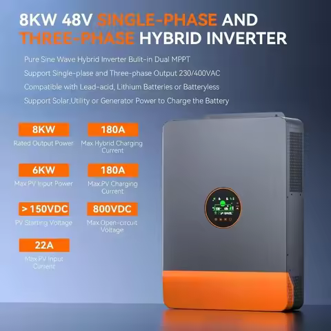 Grid Dual MPPT Output 12KW Hybrid Solar Inverter 48V 220V 3 Phase Inverter on Off with MPPT 260A Cha