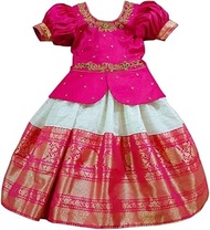 Kids, Pink Art Silk Jecquard South Indian Style Pavdai Pattu Lehenga Choli for Kids, From 12 Months - 8 Years