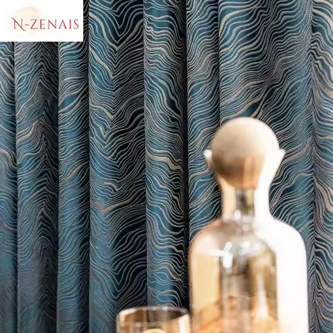 Custom Size Modern Blue Jacquard Luxury Curtain for Living Room Precision Nordic White Tulle Bedroom