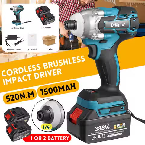 Drillpro 1/4 inch Brushless Cordless Electric Screwdriver Impact Wrench Rechargable with 388VF Batte