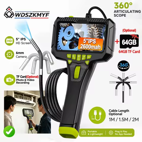 5" IPS 360° Articulating Borescope,6mm Snake Tube IP67 Waterproof Industrial Endoscope 64G for Auto 