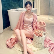 Spring Summer Influencer Feather Dressing Robe Ice Silk Pajamas Women Two-Piece Pink Thin Long-Sleev