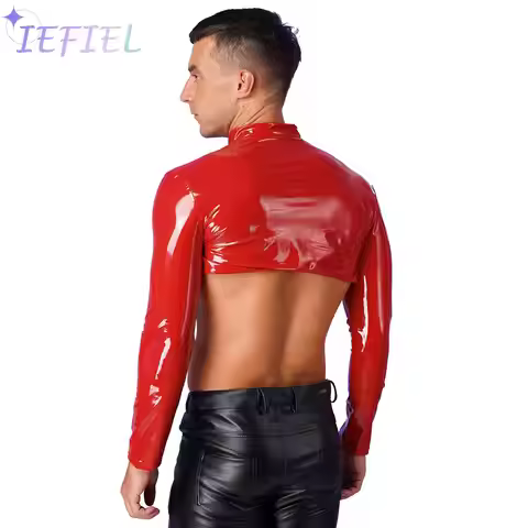 Men PVC Latex Leather Bolero Shrug Arm Sleeves Moto Biker Half Tank Top Muscle Shirt Performance Clu