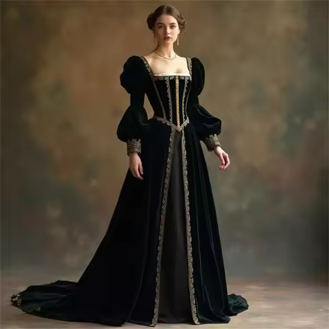 Tudor Renaissance Black Royal Court Queen Elizabeth Costume Dress Puffy Sleeve Victorian Princess La