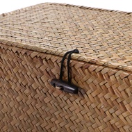 Handmade Straw Woven Storage Basket with Lid Makeup Organizer Storage Box Seagrass Laundry Baskets R