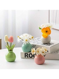 1個微型寬口陶瓷小花瓶，Ins風格房間假花裝飾瓶，花盆乾花桌面飾品