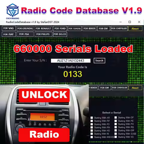 Car Radio Unlock Code Radio Code Database V1.9 Calulator 660000 Serials Loaded For VAG For PSA For T