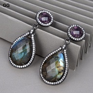 GuaiGuai Jewelry Natural Teardrop Flash Labradorite Purple Crystal Cz Pave Stud Drop Earrings