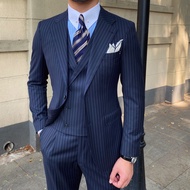 Mr. Lusan British Business Casual Striped Suit Three-Piece Italian Style Neapolitan Fashion Slim Suit for Men