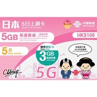 3張免運費｜中國聯通 -【日本上網卡】5日/8日/10日/15日 5G 無限上網卡數據卡電話咭 - 插卡即用