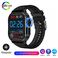 นาฬิกาสุขภาพ Military Smart Watch AMOLED 485*520 HD Screen Compass GPS Sport Track Fitness Watch AI Voice Bluetooth Call Smartwatch Men Women