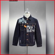 Jacket Men's Jeans in Charcoal Green Tone with Beautiful Copper Chrysanthemum Checkered Pattern AK-0