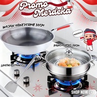COMBO MERDEKA WAJAN HONEYCOMB 30CM PANCI KUKUS 2 SUSUN 28CM FREE SPATULA STAINLESS