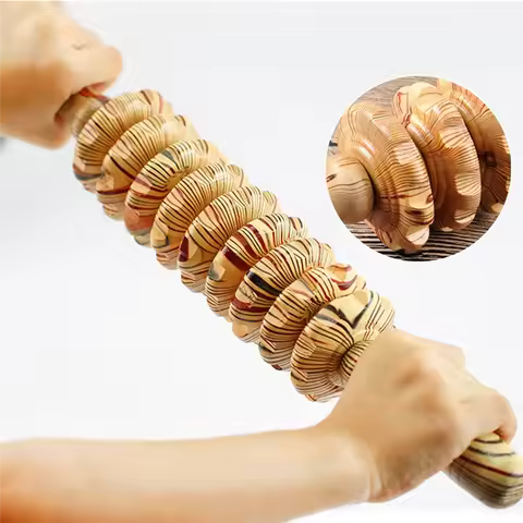 ABHS-9-Wheel Wooden Abdomen Massage Roller Fitness Roller Stick Muscle Relax Body Anti Cellulite Acu