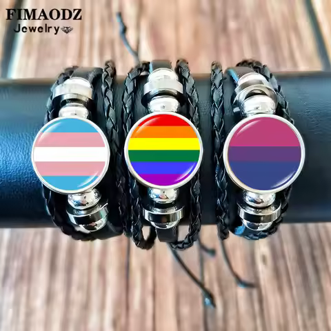 LGBT Bracelet Rainbow Flag Glass Photo Femme Trangender Symbol Handmade Leather Bangles Gift Jewelry
