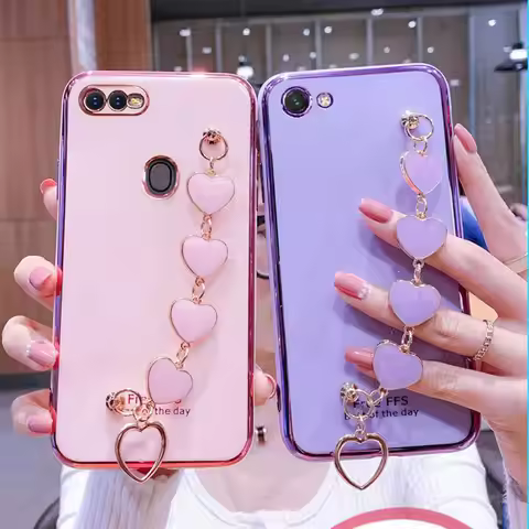 Wrist Bracelet Phone Case For Oppo A7 AX7 Case Luxury Love Heart Chain Plating Cover Capa oppo A5S A