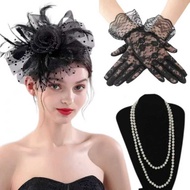 3Pcs Lace Gloves Necklace Set Lace Flower Top Hat Pearl Necklace Bridal Gloves Party Girl Dress Up