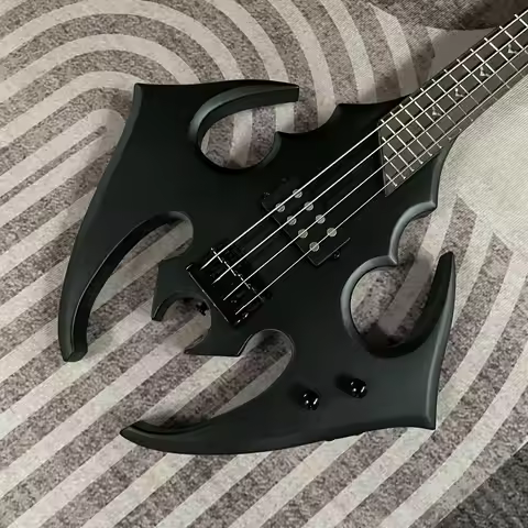 4-String Black Bat-Shaped Electric Bass Guitar, Double-Coil Pickup Guitars, Diamond-Encrusted Rosewo