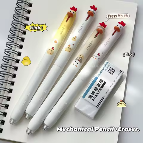 4PCS 0.5 Mechanical Pencil And 1PC Eraser Stationery Set Chick Style Mechanical Pencil Press Mouth D