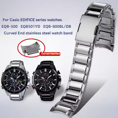 For Casio EDIFICE Series Strap EQB-500 EQB-501 EQB-800 EFR-303 Solid Curved End Stainless Steel Watc