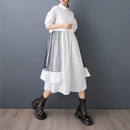 Dark สไตล์ไม่สม่ําเสมอตาข่าย Splice เสื้อชุดลําลองหลวมเอวชุดมินิรอบคอแขนสั้นแบรนด์จีนชุดสตรี