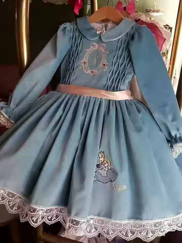 0-12Y Baby Girl Autumn Alice Embroidery Long Sleeves Blue Velvet Dress for Party Birthday Holiday Ph