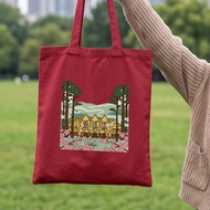 Women's canvas tote bag printed with Ga Da Lat, apricot, pink, pine, green shoulder bag, large size,
