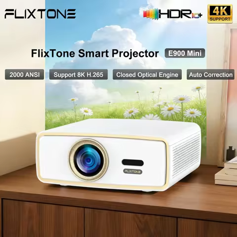 Flixtone E900 Mini Projector 2000ANSI Lumen Mini Portable Android Smart TV with HDR10 Home Theater, 