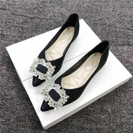 Shiny Fabric Women Pointed Soft-soled Shoes Summer New Flat Shoes Size 33-48 Square Buckle Rhinestone Shoes