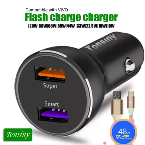 Car Charger compatible with 120/66W for Vivo X90/X80/Y52/Y16/Y76/V21/V25, Cigarette Lighter charger 