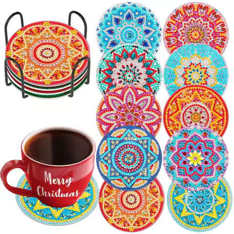 1 set of 10pcs diamond painting DIY mandala flower pattern themed coaster set, with stand, a combina