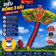 Large 3-Headed Dragon Kite with Long Tail, Flying Kite for Children with 100m Reel Layang Layang Nag