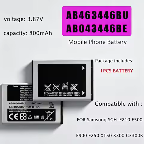 800mAh AB463446BU AB043446BE Replacement Battery for Samsung C3300K X208 B189 B309 GT-C3520 E1228 GT