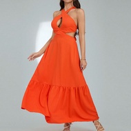 2025 Váy Maxi Dệt Sọc Sóng Họa Tiết Màu Cam Cho Nữ Mùa Xuân Hè Mới Cổ Chữ V Halter Khoét Hở Trước Ng