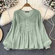 ZANZEA เสื้อเบลาส์เสื้อแฟนเกาหลีชีฟองระบายคอวีแสนหวานของผู้หญิงเสื้อเบลาส์ลูกไม้ตัดต่อทรงเอมีจีบ #01