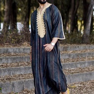 Plus Size Arab Robe Embroidered Stripes Kaftan Striped Jubba Thobe Medium Long Sleeved Jubah Lelaki Lengan PendekMen's Robe