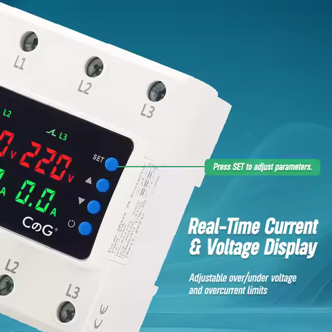 CG 6-Modules Display 3 Phase 63A Over Under Voltage Current Protector AC 220V Adjustable DIN Rail Pr