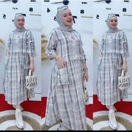 Gamis Midi Bahan Katun Premium KORINA Midi Busui Motif Garis Kotak Best Seller
