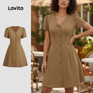 Lovito Elegant Dress Button Spring/summer Khaki Dress for Women L150AD726 Lovito Pakaian Elegan Buta