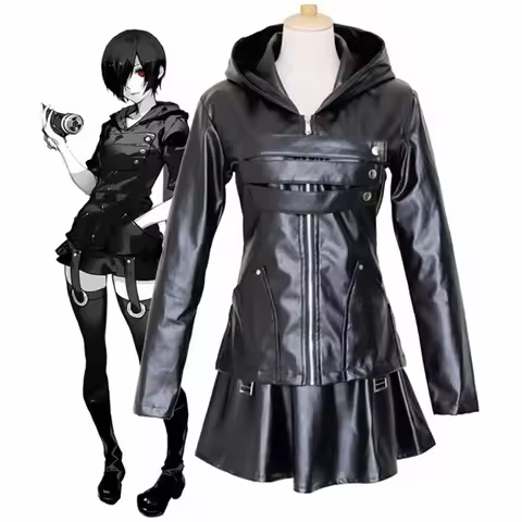 Anime Tokyo Ghoul Touka Kirishima Cosplay Costume Full Set Uniform PU Leather Black Dress Hoodie Wom