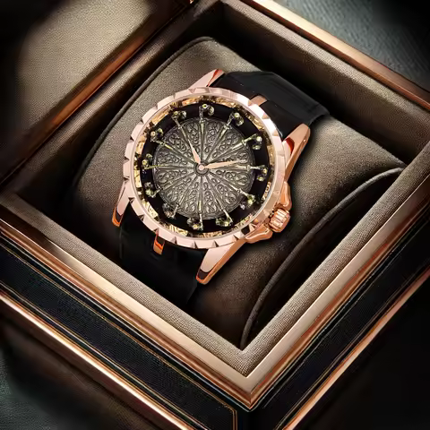 Rose gold black belt new men's watch, stylish design, novel texture, quartz watch