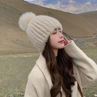 New Women's Mink Fur Hat Thickened Knitted Fur Hat Fox Fur Ball Ear Protection Hat Winter Women's Ha